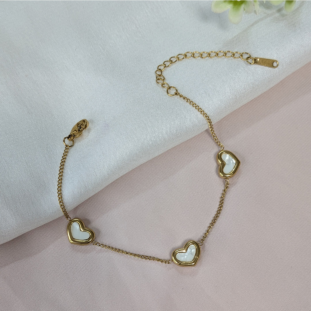 Gold Finish White Mother of Pearl Heart Charm Bracelet For Girls & Women (Anti-Tarnish)