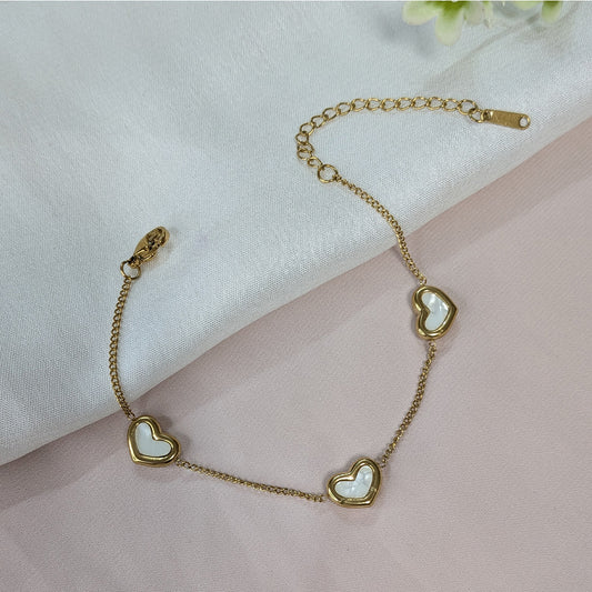 Gold Finish White Mother of Pearl Heart Charm Bracelet For Girls & Women (Anti-Tarnish)