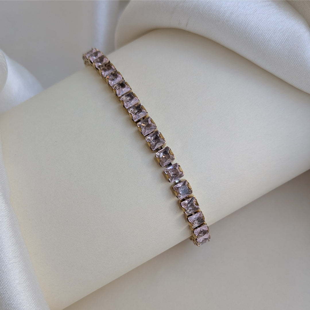 Gold Finish Light Pink Stone Tennis Bracelet For Girls & Women