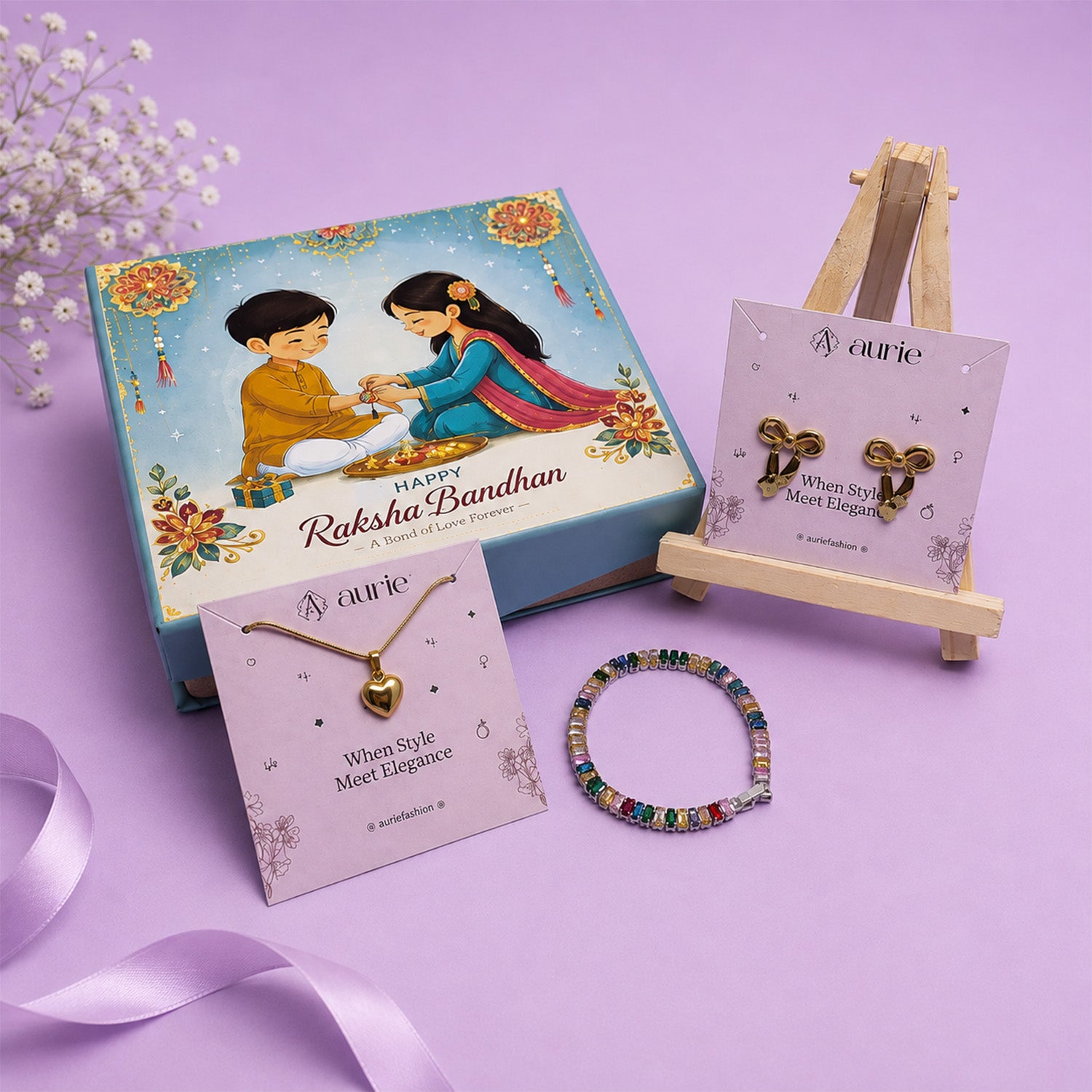 Heart Pendant Necklace, Bow Design Earrings & Multicolor Bracelet Jewellery Gift Box