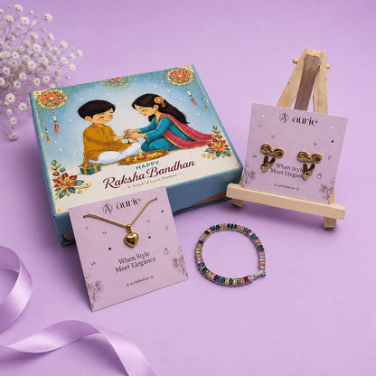 Heart Pendant Necklace, Bow Design Earrings & Multicolor Bracelet Jewellery Gift Box