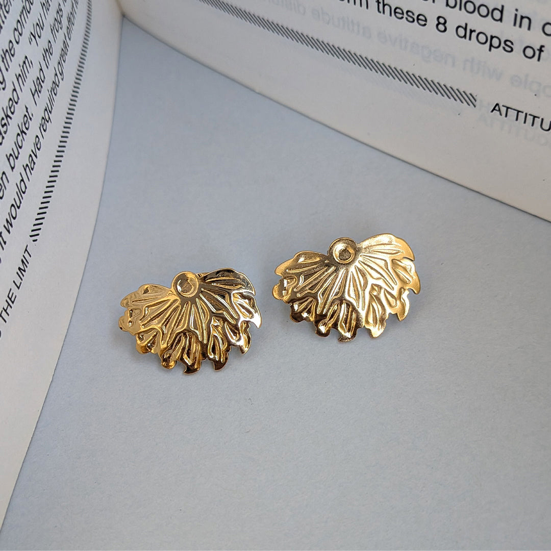 Embossed Leaf Gold Tone Stud Earrings For Girls & Women (Anti Tarnish)