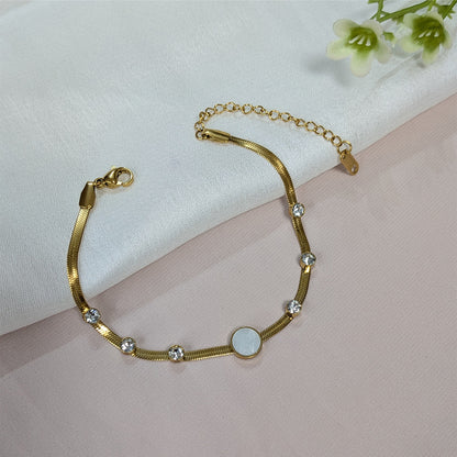 Gold Finish Crystal Studded & Mother of Pearl Enamel Stone Chain Bracelet For Girls & Women (Anti-Tarnish)