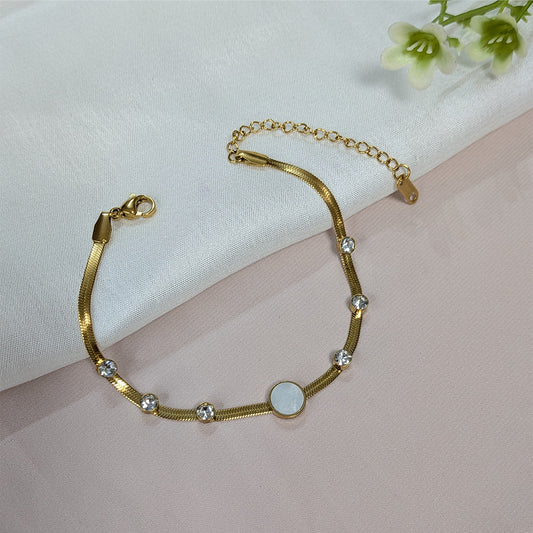 Gold Finish Crystal Studded & Mother of Pearl Enamel Stone Chain Bracelet For Girls & Women (Anti-Tarnish)