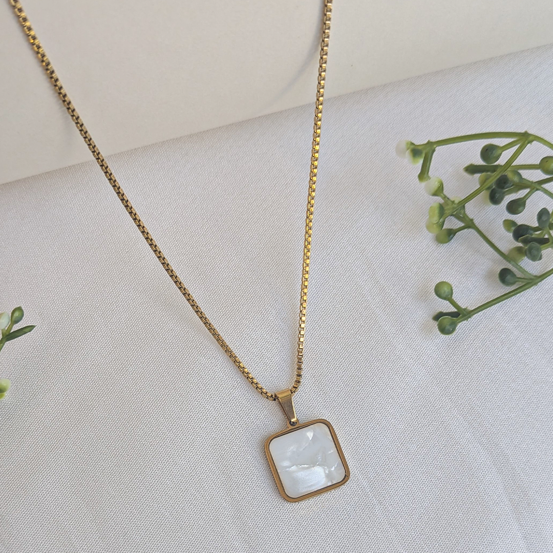 Gold Plated Square White Shell Pendant For Girls & Women
