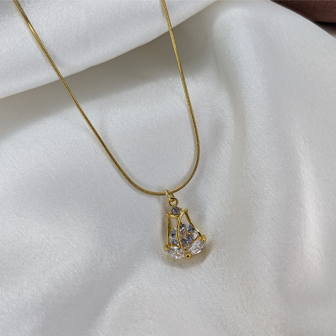 Gold Plated Crystal Rose Stainless Steel Pendant For Girls & Women