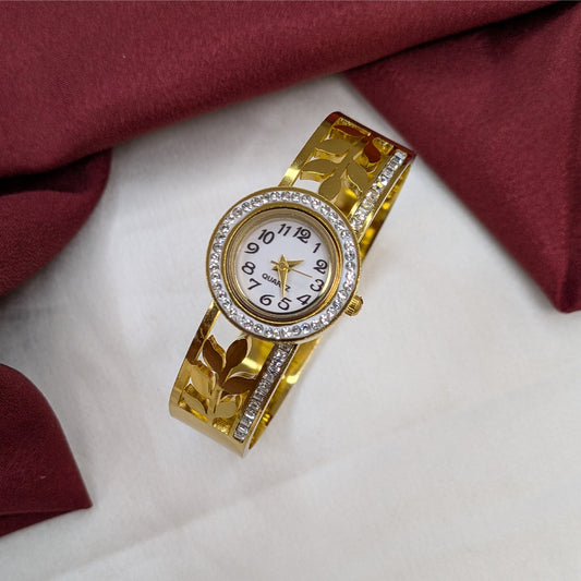 Classic Analog AD Studded Leaves Design Band Bracelet Watch For Girls & Women