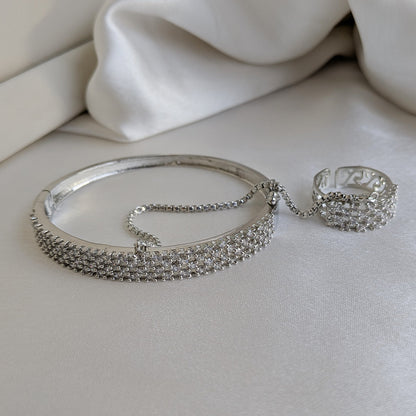 Elegant Silver Finish Four Line AD (American Diamond) Finger Ring Bracelet for Girls & Women