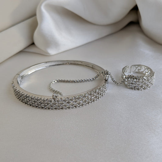 Elegant Silver Finish Four Line AD (American Diamond) Finger Ring Bracelet for Girls & Women