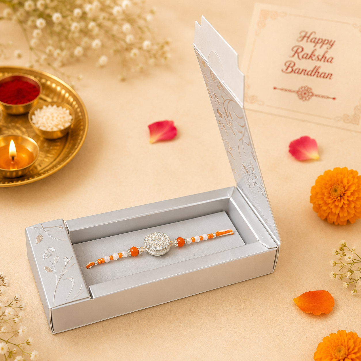 Elegant Crystal Floral Rakhi with Orange & White Beads