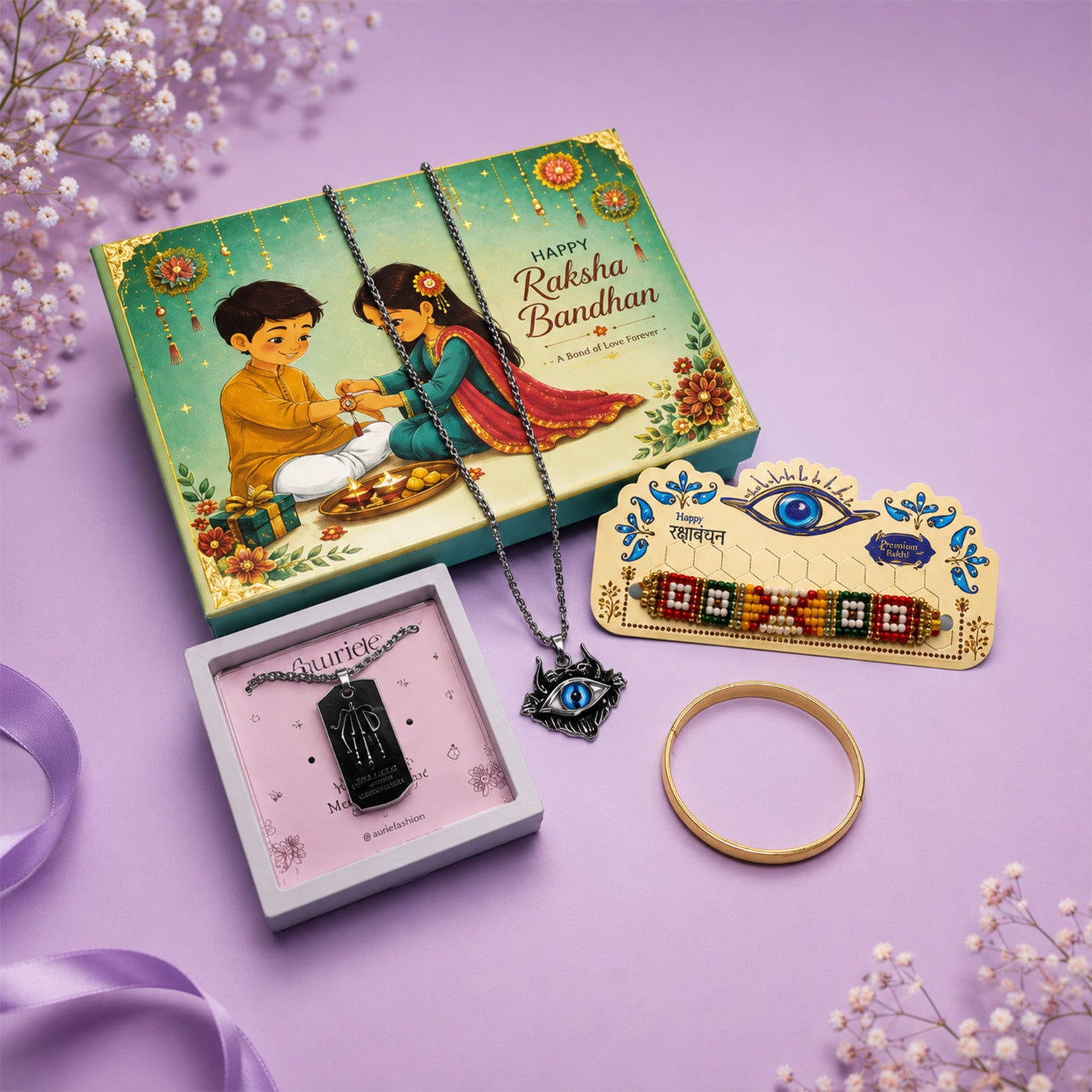 Designer Rakhi with Black Pendant Necklace, Gold Finish Kada Bracelet & Premium Gift Box