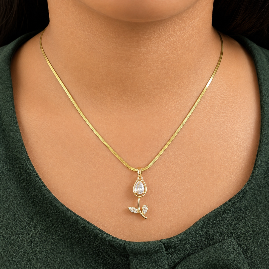 CZ Stone Centerpiece & Crystal Accented Leaves Tulip Pendant for Girls & Women