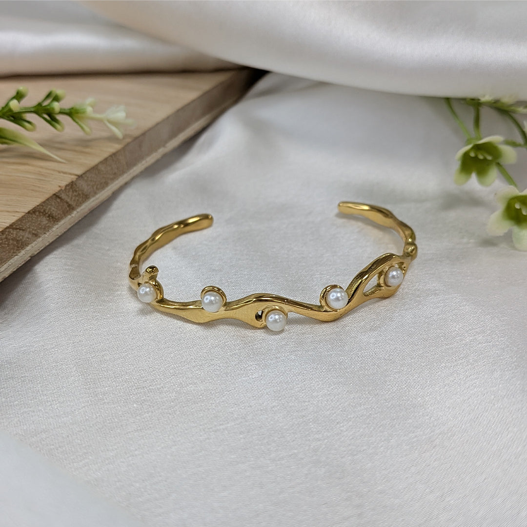 Gold Finish Organic Wavy Pearl Cuff Bracelet For Girls & Women