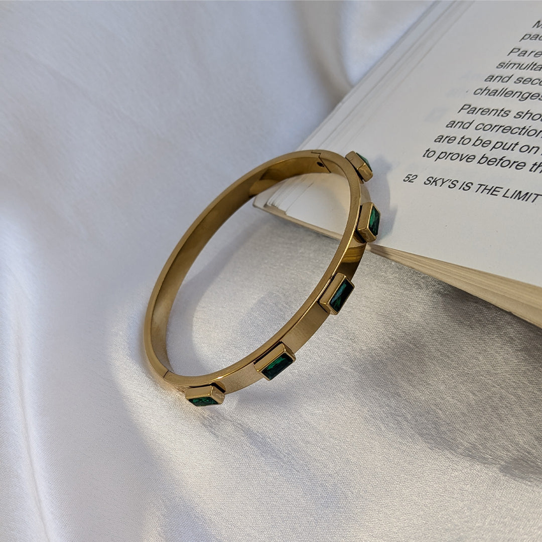 Gold Finish Chic Bracelet with Green Gemstone Embellishments For Girls & Women