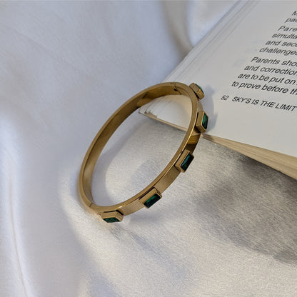 Gold Finish Chic Bracelet with Green Gemstone Embellishments For Girls & Women