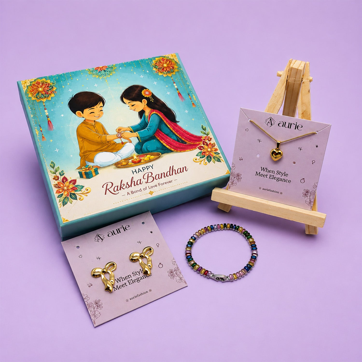 Heart Pendant Necklace, Bow Design Earrings & Multicolor Bracelet Jewellery Gift Box