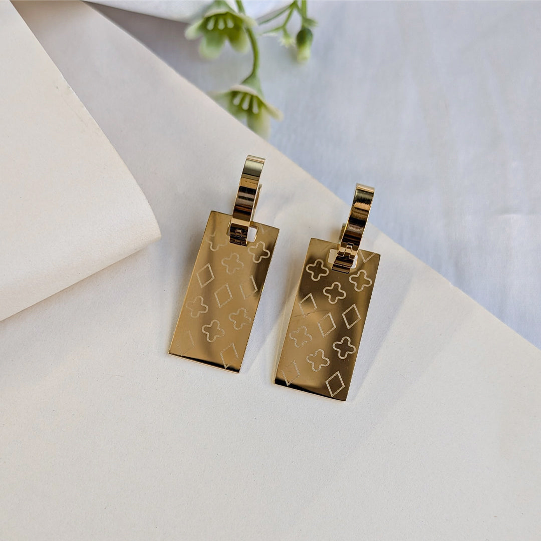 Gold Tone Engraved Geometric Rectangle Drop Earrings with Hoop for Girls & Women