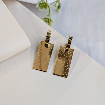 Gold Tone Engraved Geometric Rectangle Drop Earrings with Hoop for Girls & Women