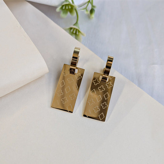 Gold Tone Engraved Geometric Rectangle Drop Earrings with Hoop for Girls & Women