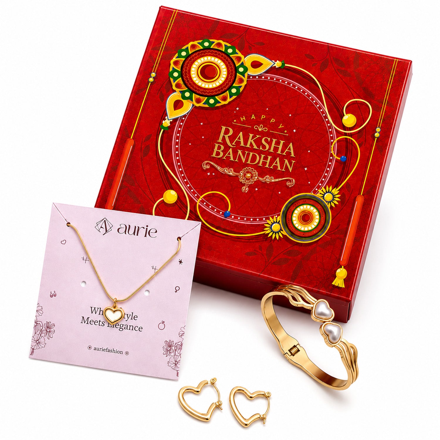 Gold Finish Heart Necklace, Heart Design Bracelet & Hoop Earrings Jewellery Gift Box
