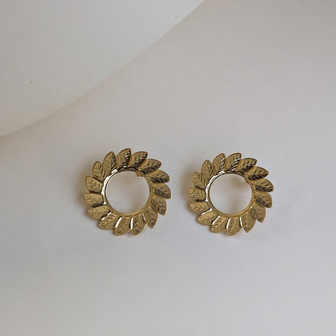 Gold Tone Leaf Circle Stud Earrings For Girls & Women (Anti-Tarnish)