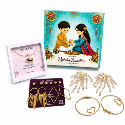Gold Finish Necklace, Multi-Style Earrings & Heart Hoop Earrings Jewellery Gift Box