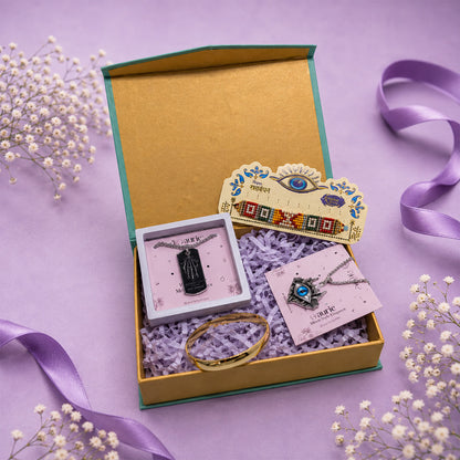 Designer Rakhi with Black Pendant Necklace, Gold Finish Kada Bracelet & Premium Gift Box