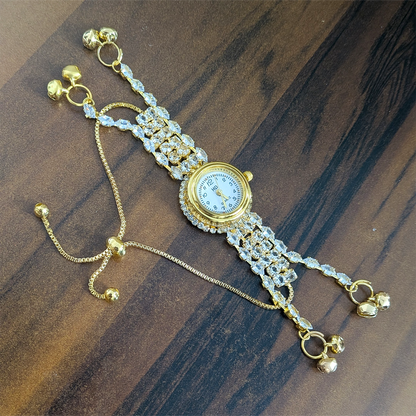Gold Plated Crystal Stone Kashmiri Watch for Girls & Women