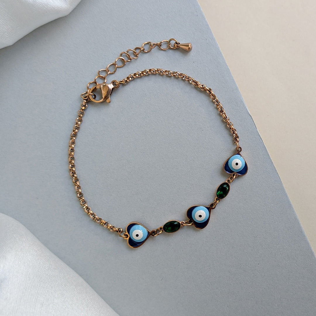 Gold Tone Heart Shaped Evil Eye Bracelet With Green Stone Accent For Girls & Women