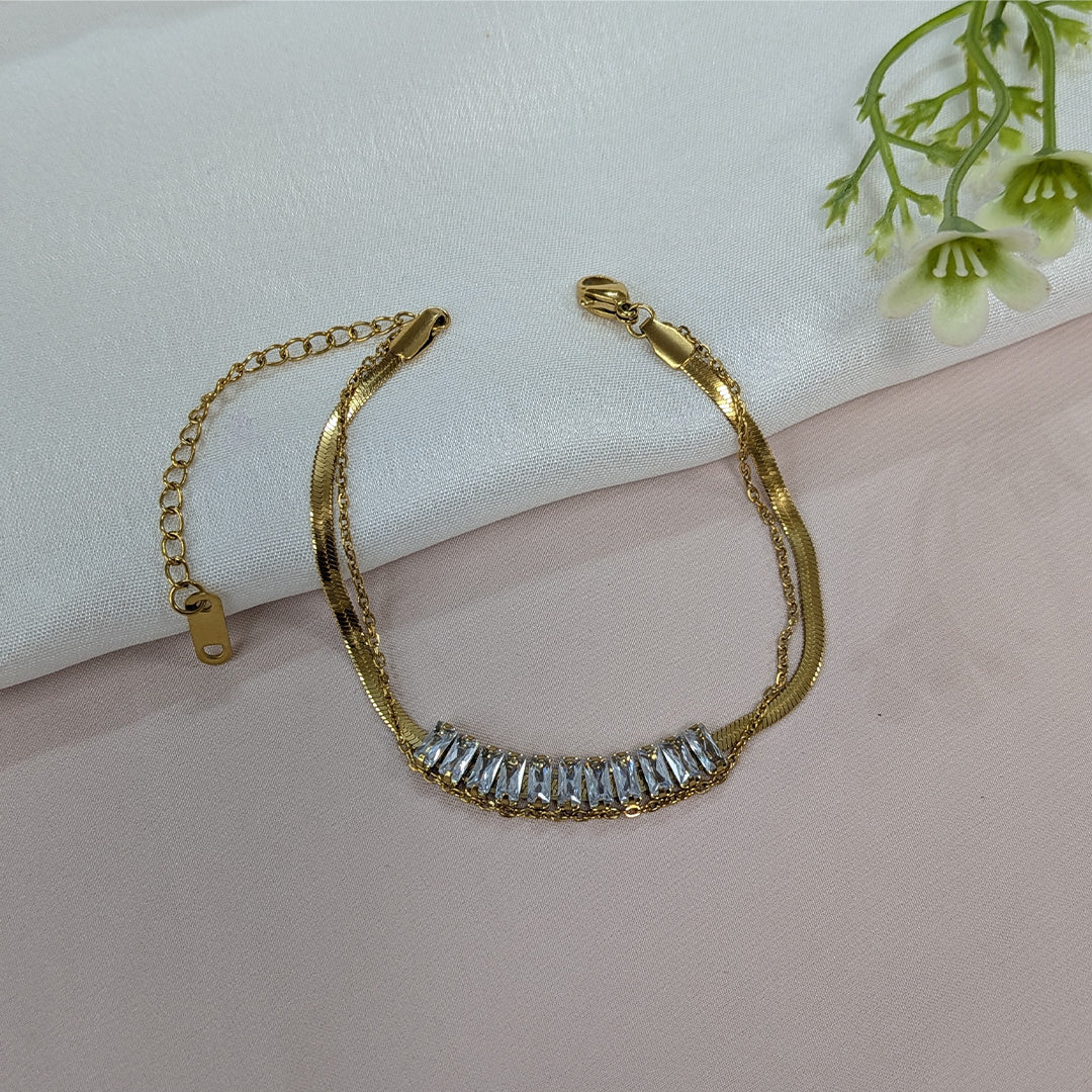Gold Finish Dual Layered Baguette Crystal Bracelet For Girls & Women (Anti-Tarnish)
