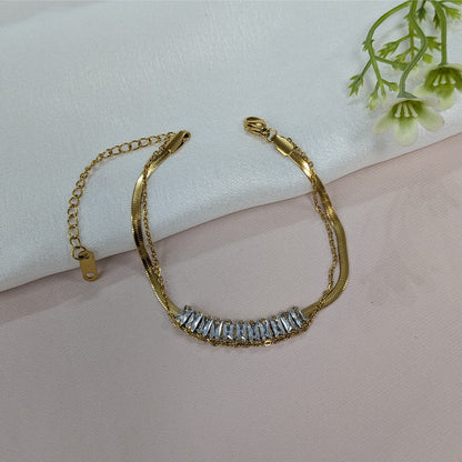Gold Finish Dual Layered Baguette Crystal Bracelet For Girls & Women (Anti-Tarnish)
