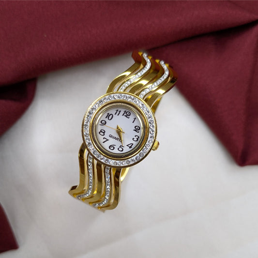 Elegant Analog AD Studded Wavy Dual Stones Lines Band Bracelet Watch For Girls & Women