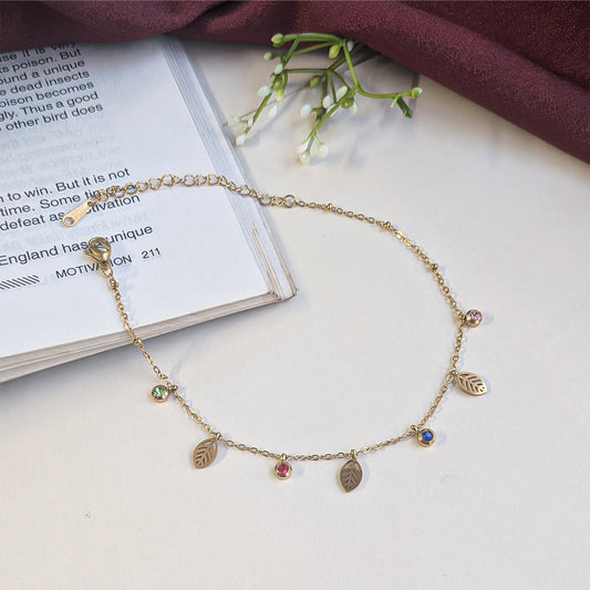 Gold Finish Leaf & Gemstone Accents Anklet For Girls & Women