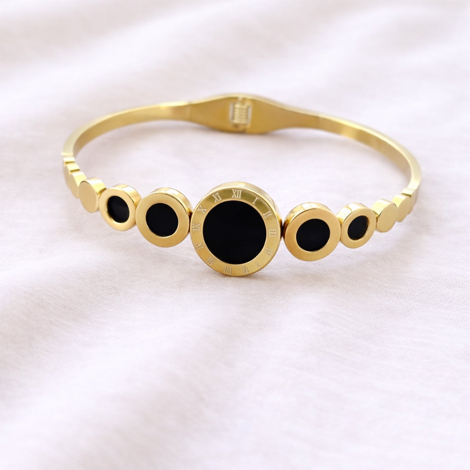 18K Gold Plated Black Enamel Circle Charm Bracelet for Women & Girls