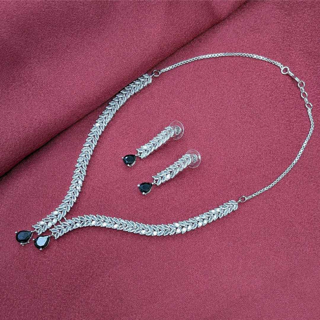 Silver Finish Leaf Design AD Teardrop Stones Necklace Set for Girls & Women