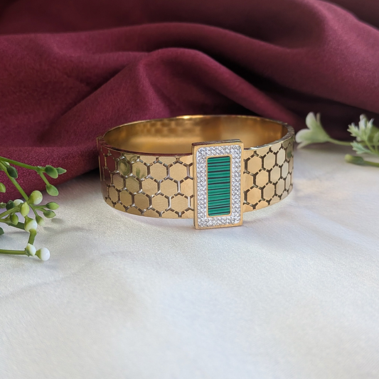 18K Gold Plated Hexa-Cut Cuff Bracelet with Green Enamel Centerpiece (Anti Tarnish)