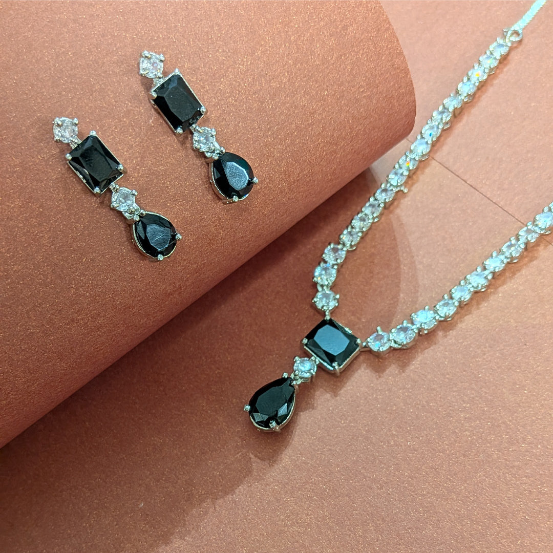 Silver Finish Classic Rectangular & Teardrop Stone Jewellery Set For Women