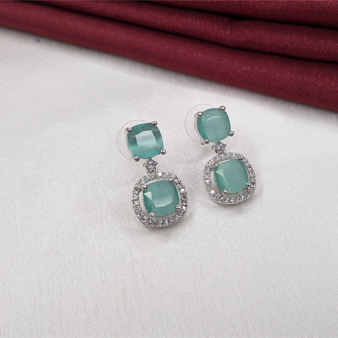Silver Finish Elegant Cushion Cut AD Stone Drop Earrings for Girls & Women