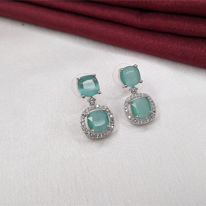 Silver Finish Elegant Cushion Cut AD Stone Drop Earrings for Girls & Women