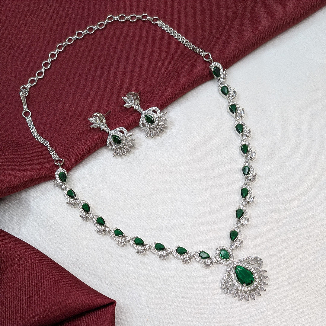American Diamond Leaf & Teardrop Pattern Necklace Set with Earrings
