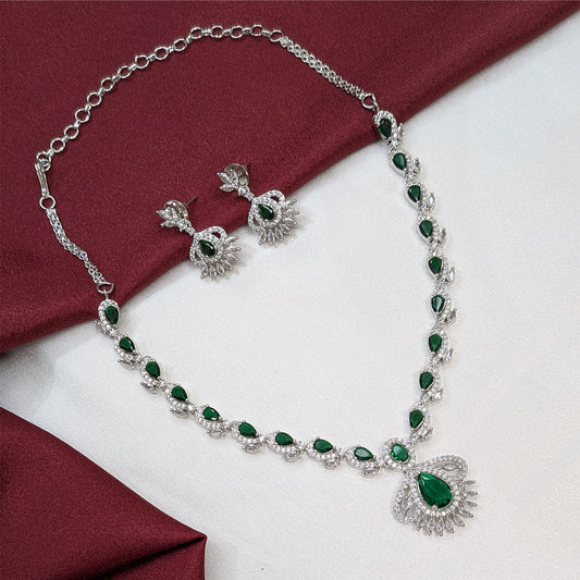 American Diamond Leaf & Teardrop Pattern Necklace Set with Earrings