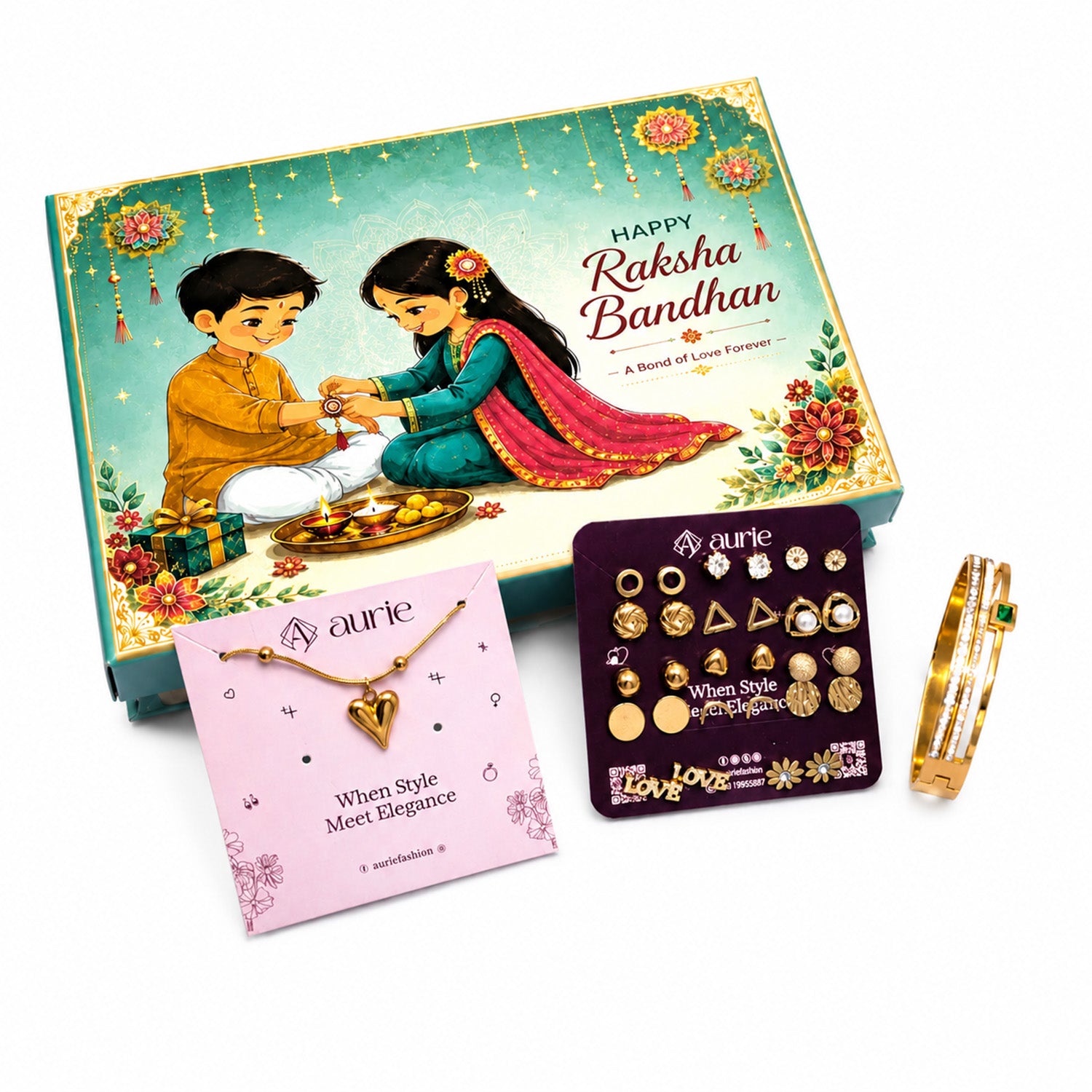 Heart Pendant Necklace, Earrings Set & Stylish Gold Finish Bangle Gift Box