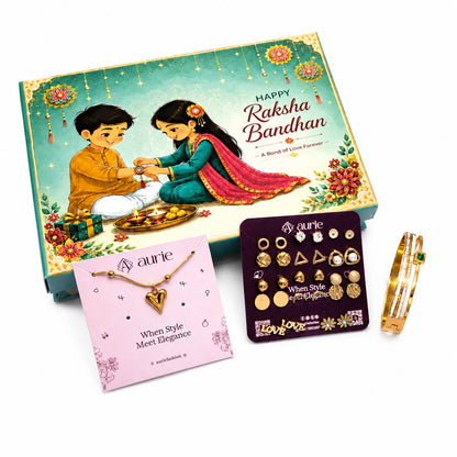 Heart Pendant Necklace, Earrings Set & Stylish Gold Finish Bangle Gift Box