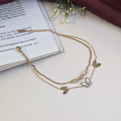 Double Layer Gold Finish Butterfly Charm Anklet For Girls & Women
