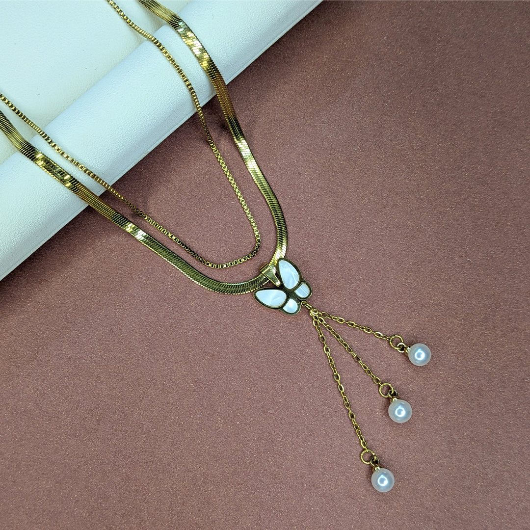 Gold Finish Layered Butterfly Charm With Pearl Pendant For Girls & Women
