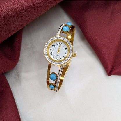 Classic Analog AD Studded With Blue Beaded Band Bracelet Watch For Girls & Women