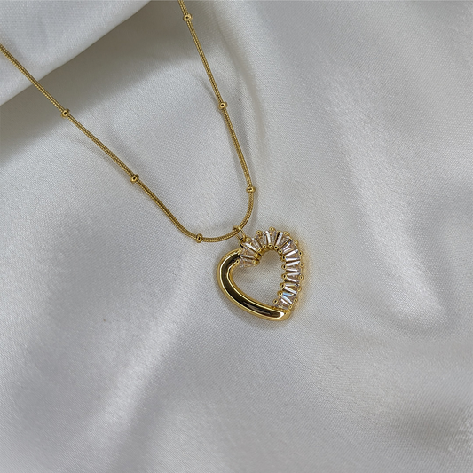 Gold Plated Baguette Crystal Heart with Beaded Stainless Chain Pendant For Girls & Women