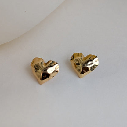 Gold Tone Hammered Heart Stud Earrings For Girls & Women (Anti-Tarnish)