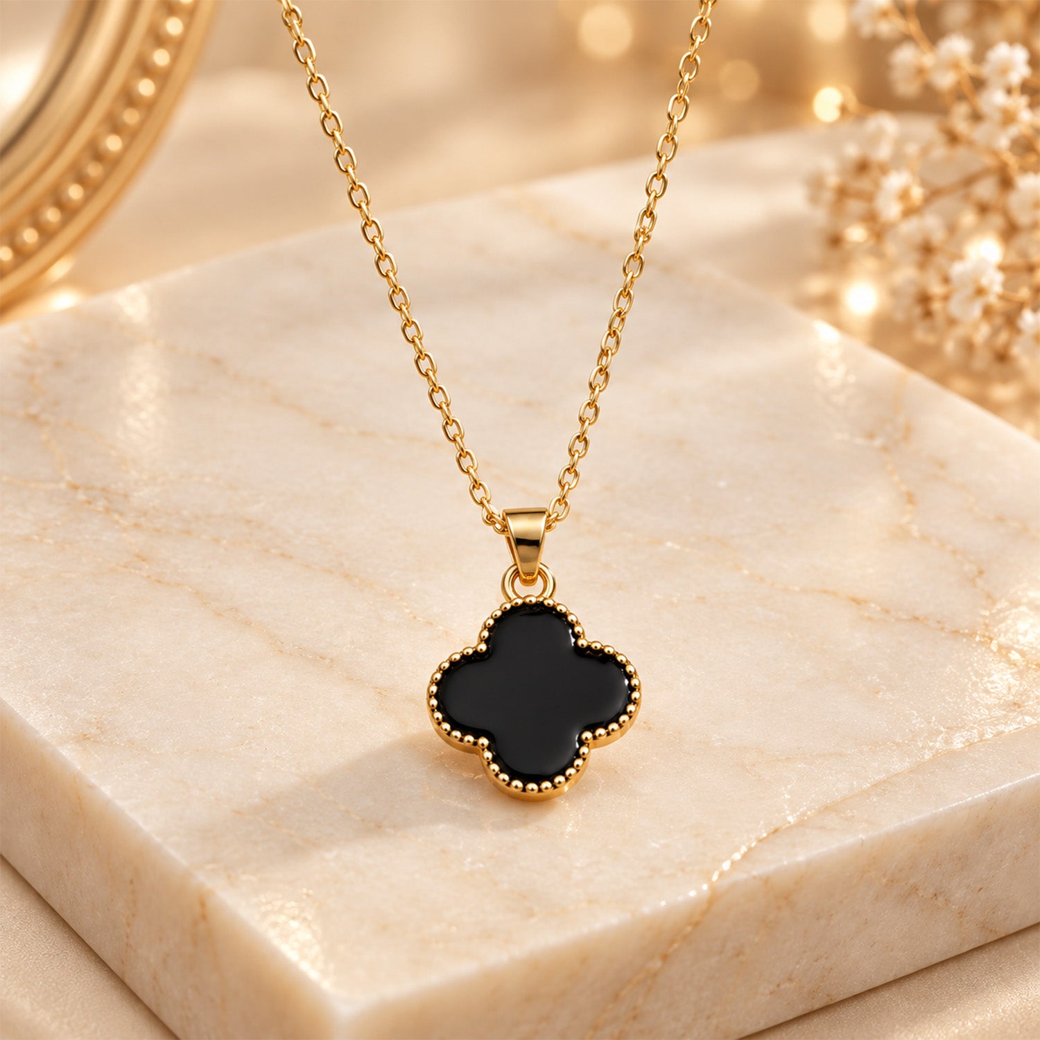 Black Four Leaf Pendant With 4 Earring Set