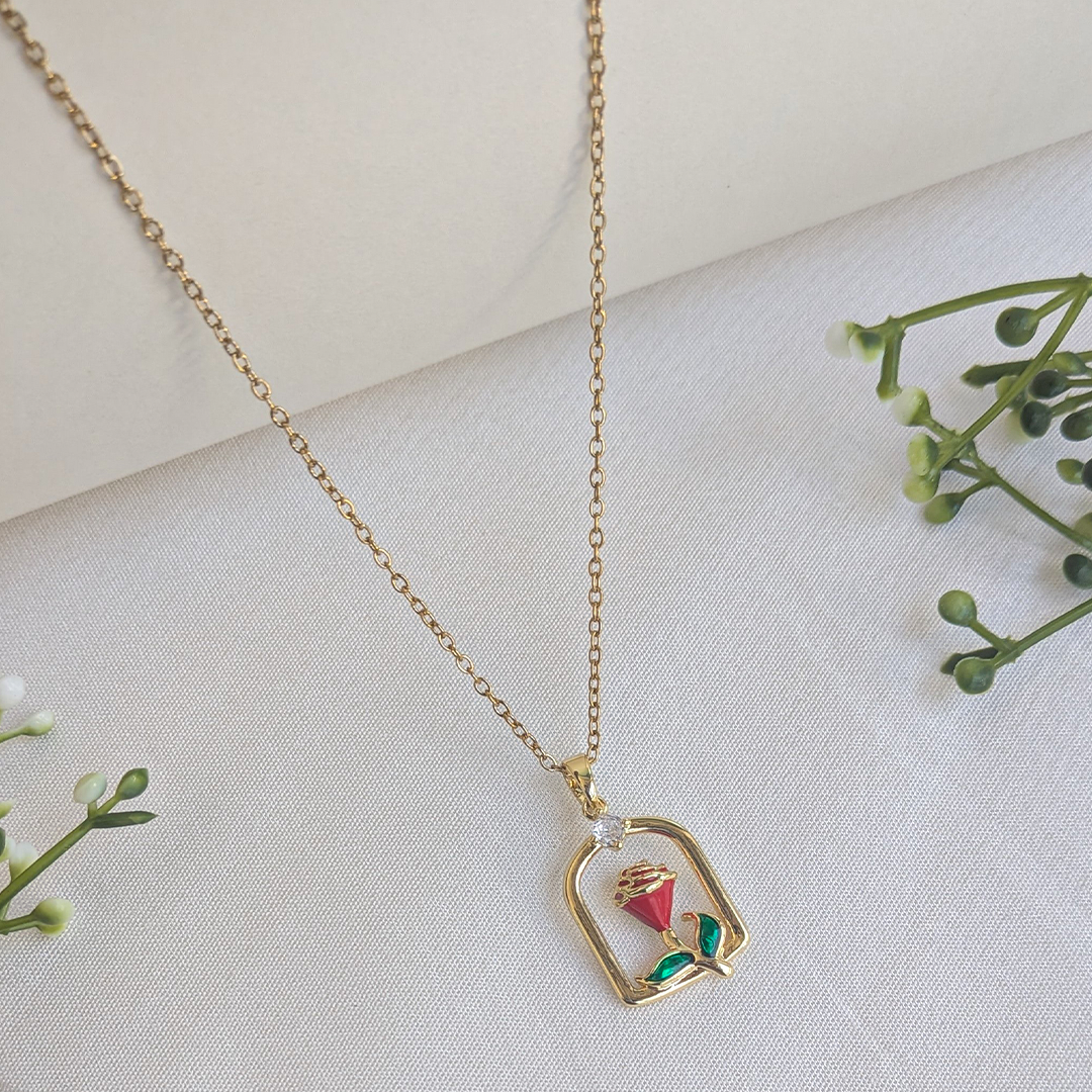 Gold Plated Red Rose Enamel Framed Pendant For Girls & Women